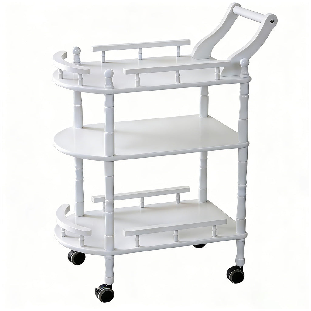 Entertainment Kitchen Cart, Midcentury Modern Imported rubberwood Brown Finished Wood 3-Tier Mobile Bar Cart Serving Cart