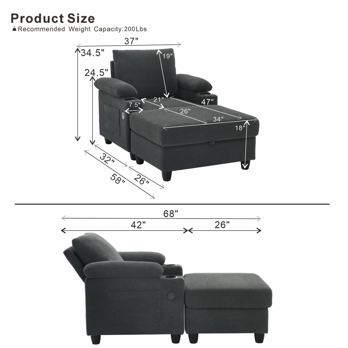 Convertible Sleeper Chair, Pull Out Sofa Bed with Adjustable Backrest & Hidden Storage Armrest, Single Sofa Recliner with USB Charging Port & Cup Holders for Living Room, Bedroom, Dark Gray