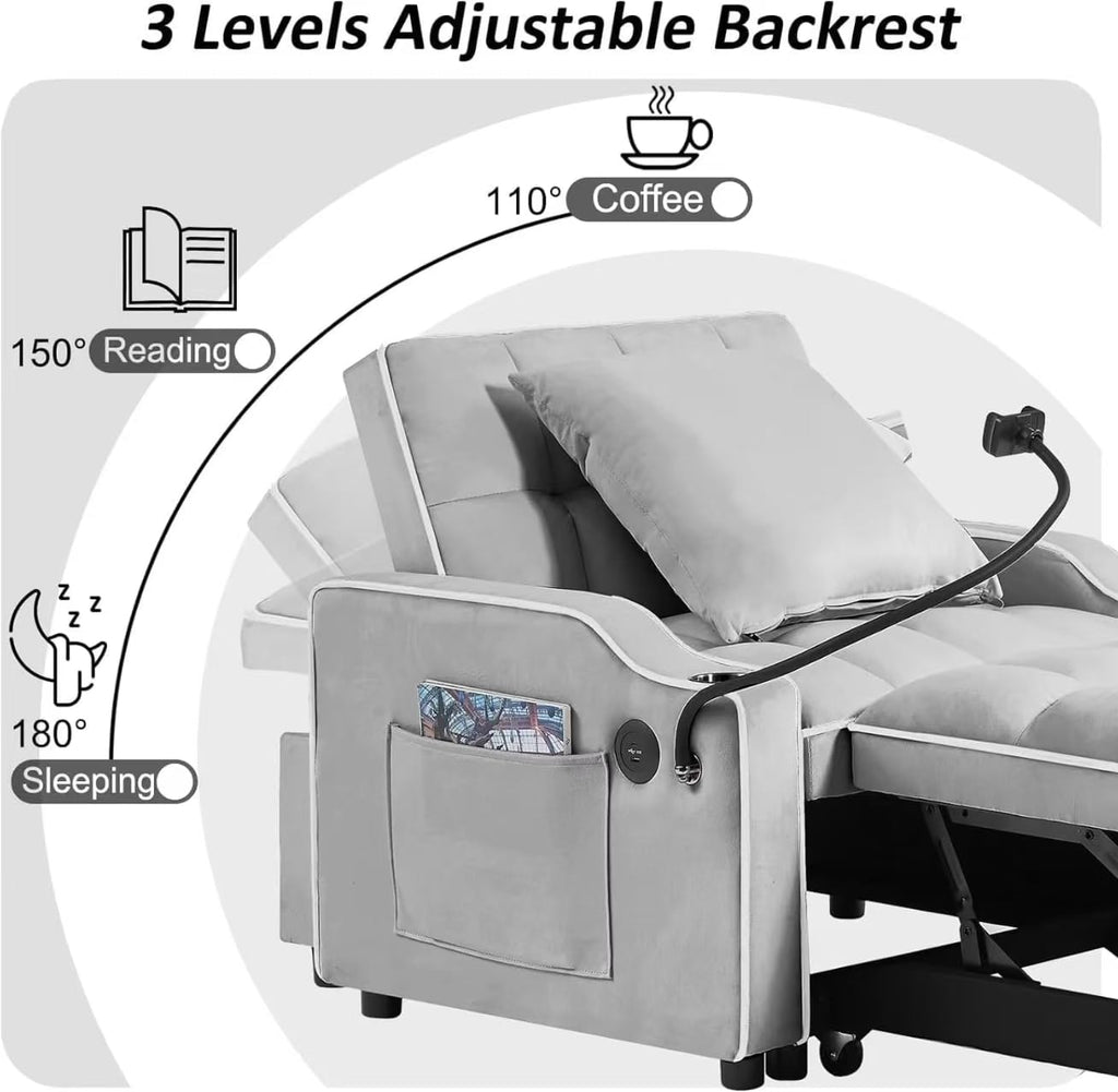 Convertible Sleeper Chair, Pull Out Sofa Bed with Adjustable Backrest & Hidden Storage Armrest, Single Sofa Recliner with USB Charging Port & Cup Holders for Living Room, Bedroom, Dark Gray