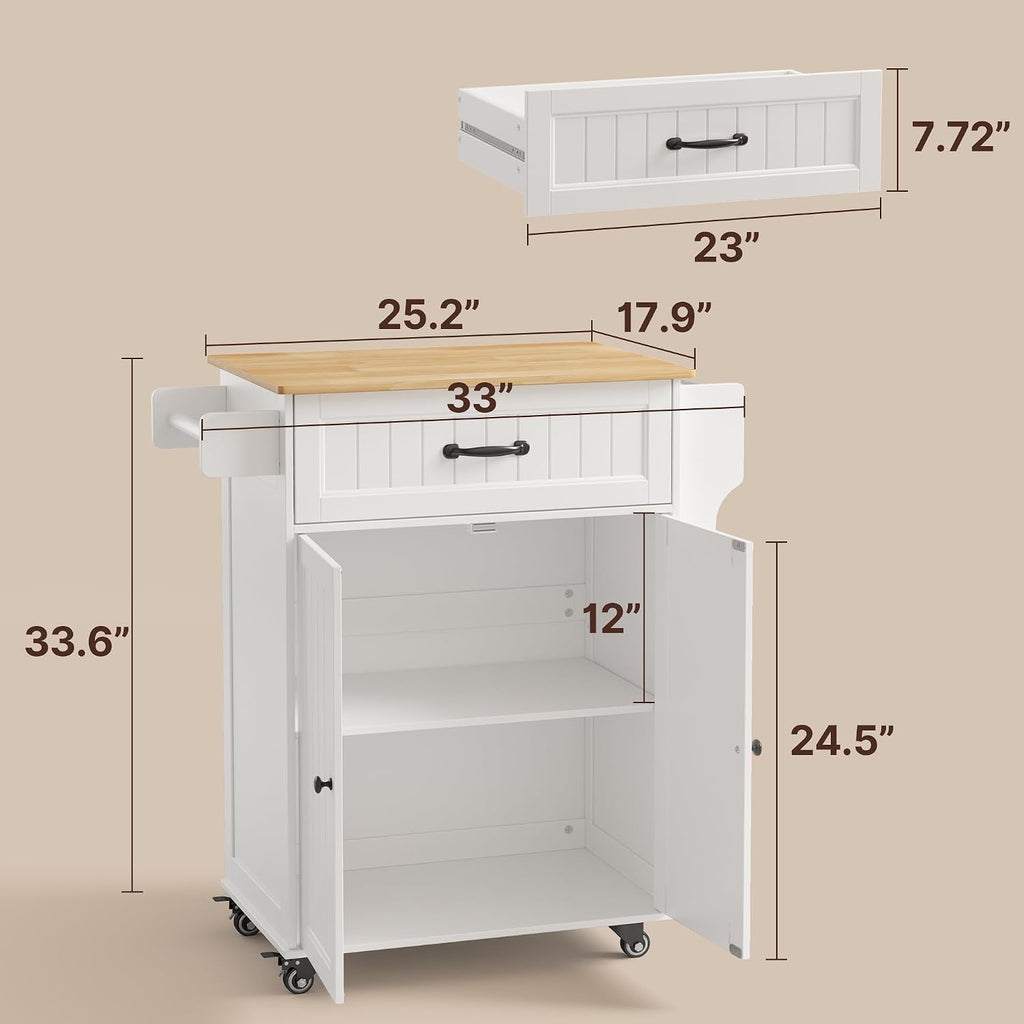 Gizoon Kitchen Island Cart with Adjustable Shelf, White, Tabletop-Oak Color