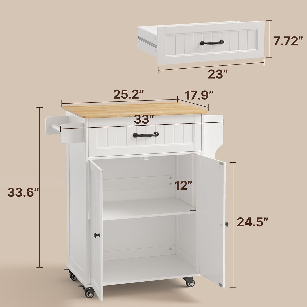 Gizoon Kitchen Island Cart with Adjustable Shelf, White, Tabletop-Oak Color