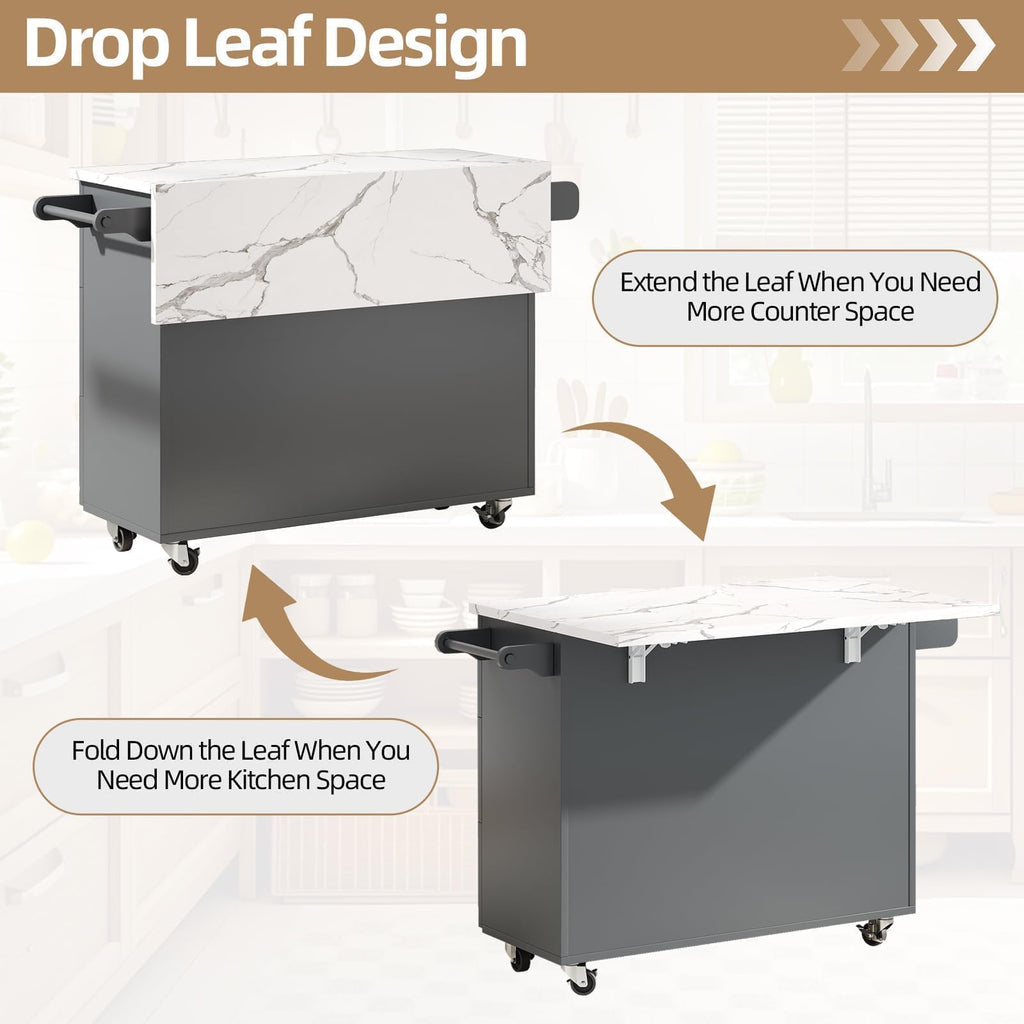 43" Kitchen Island on Wheels, Rolling Kitchen Island with Drop Leaf, Black