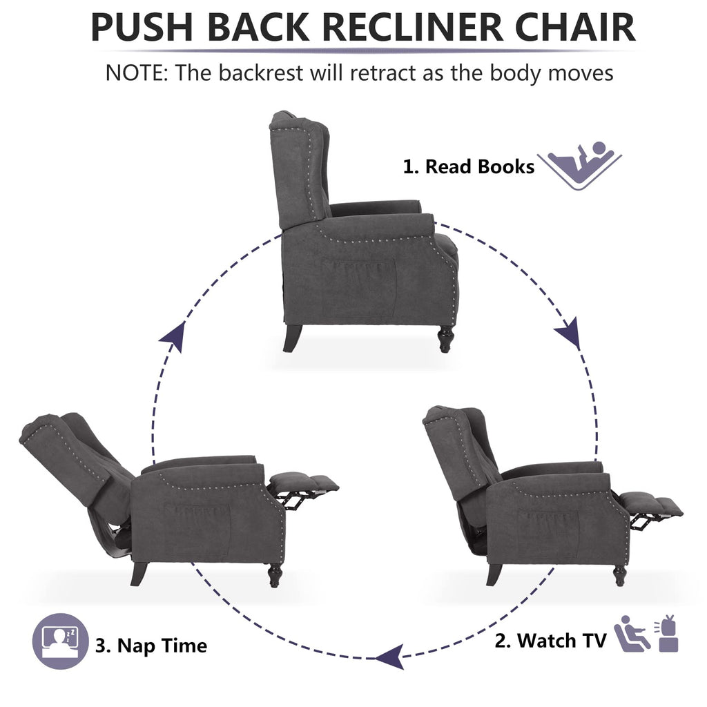 IPKIG Wingback Pushback Recliner Chair - Mid Century Recliner Armchair with Massage and Heat, Rivet Decoration, Button-Tufted Back, Solid Wood Legs for Living Room, Bedroom, Office(Beige)