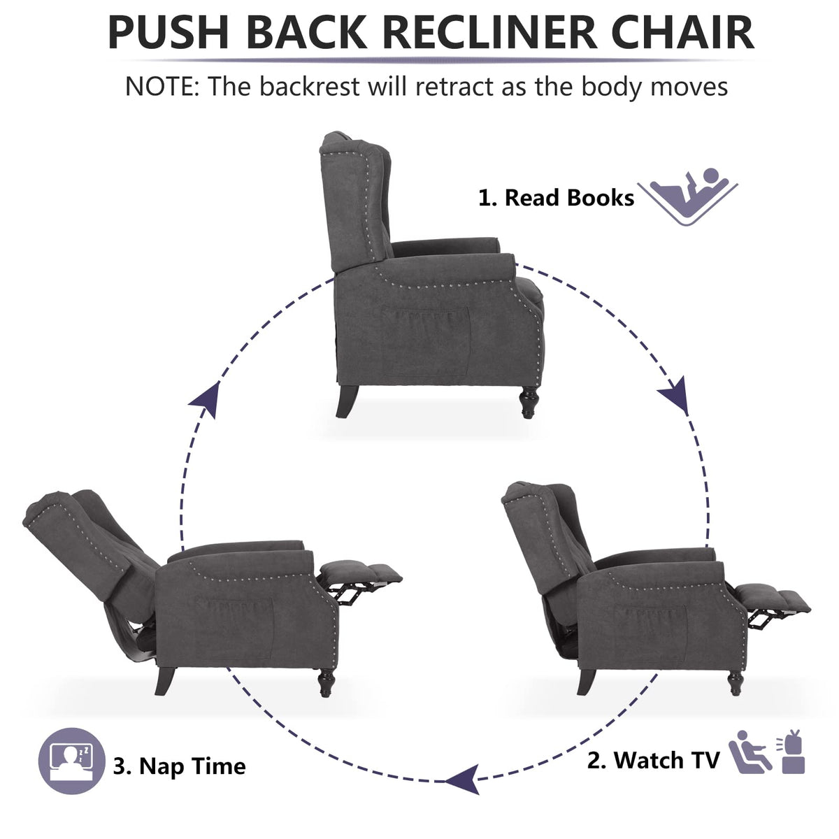 IPKIG Wingback Pushback Recliner Chair - Mid Century Recliner Armchair with Massage and Heat, Rivet Decoration, Button-Tufted Back, Solid Wood Legs for Living Room, Bedroom, Office(Beige)