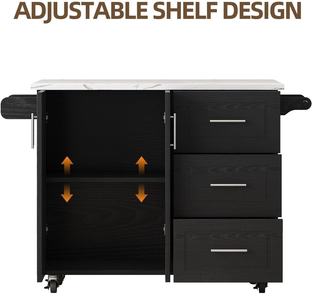 43" Kitchen Island on Wheels, Rolling Kitchen Island with Drop Leaf, Black