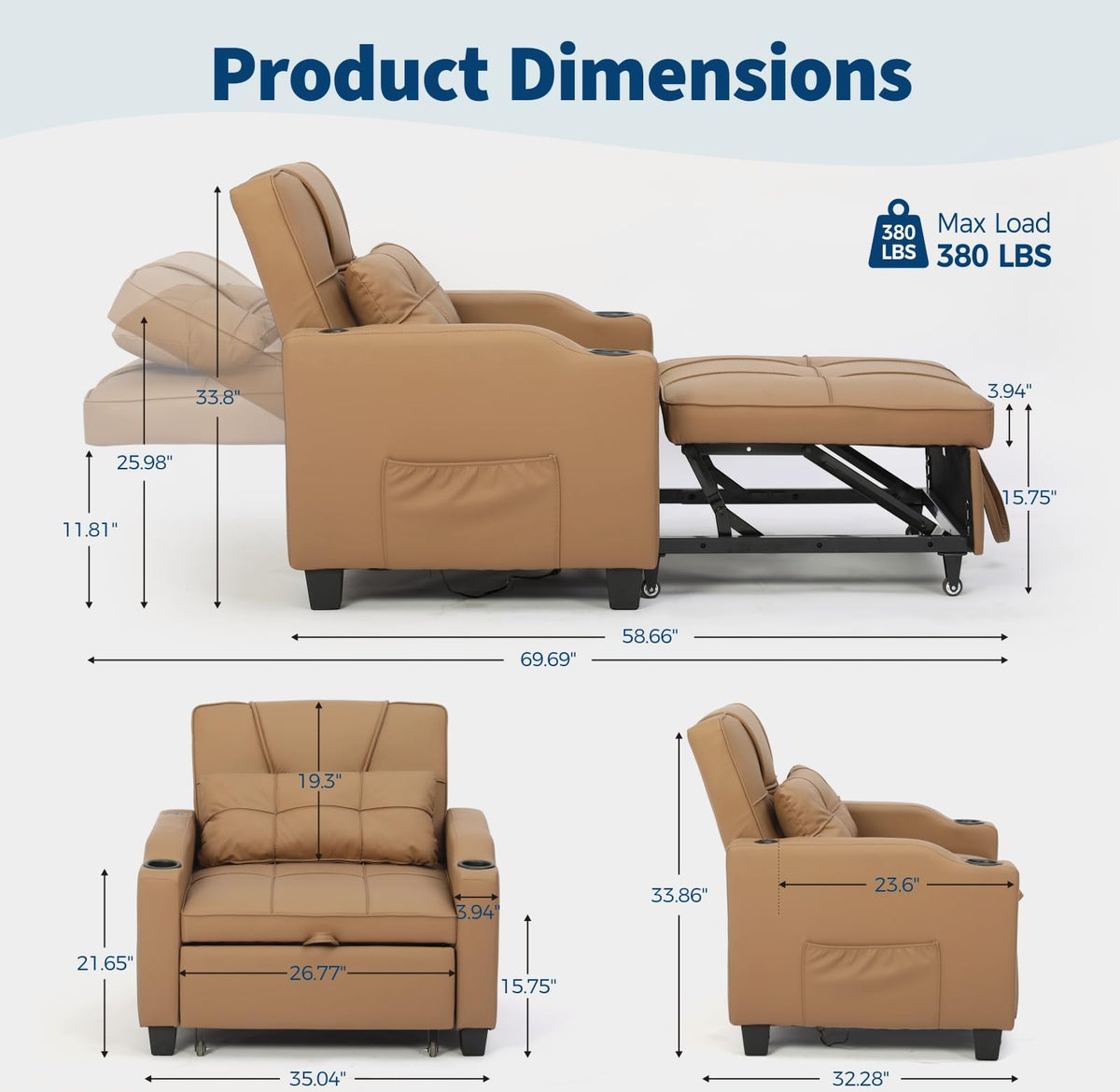 Sleeper Chair Pull Out Bed, 4 in 1 Convertible Sofa Chair Bed with Vibration Massage Lumbar Pillow, Single Sofa Recliner with USB/Type-C Port, Cup Holders and Side Pocket for Small Spaces (Black)
