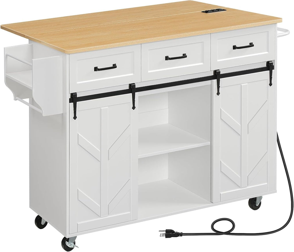 HOOBRO Kitchen Island with Drop Leaf, Rolling Kitchen Cart on Wheels with Power Outlet, Sliding Barn Door Storage Cabinet, 3 Drawers & Spice Rack for Dining Room, White and Natural WN70UZD01