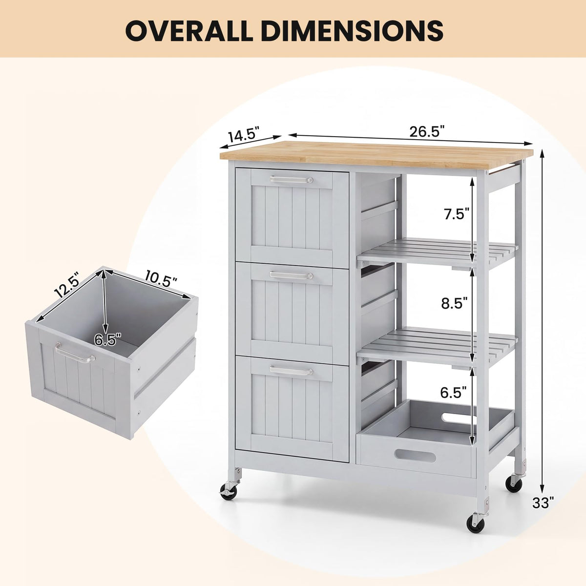 GIANTEX Kitchen Island Cart on Wheels, Rolling Utility Cart w/Rubber Wood Top, 3 Storage Drawers & 2 Removable Shelves & Removable Tray, Lockable Casters, Serving Cart for Dining Room, Bar, White