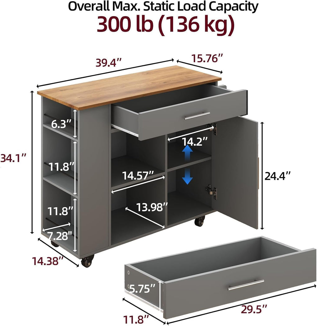 39'' Kitchen Island with Storage, Rolling Kitchen Island on Wheels, Grey