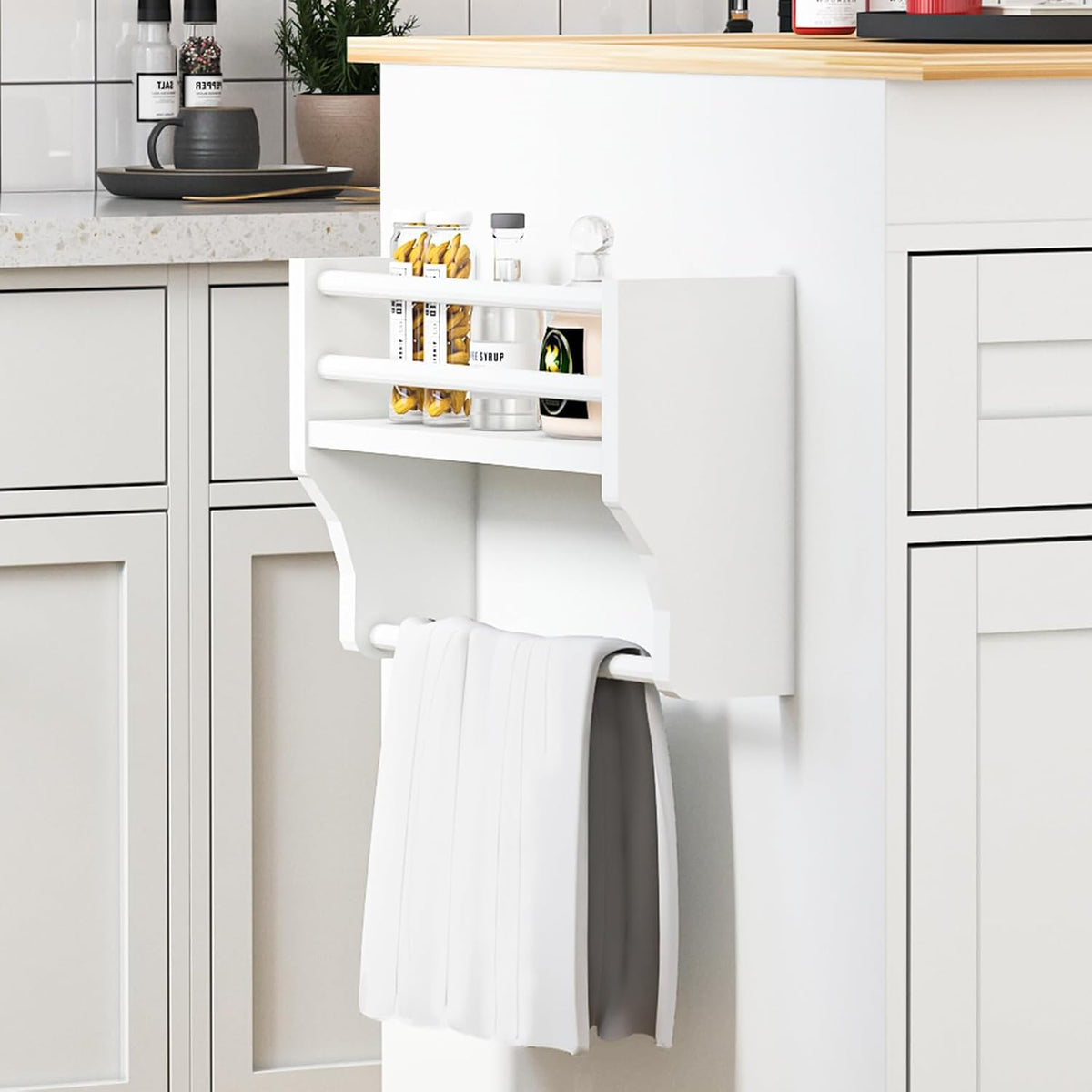 81.5" Kitchen Island with Extendable Dining Table, Rolling Kitchen Cart on Wheels with Spice Rack, Drawer and Door Cabinet for Dining Room, White