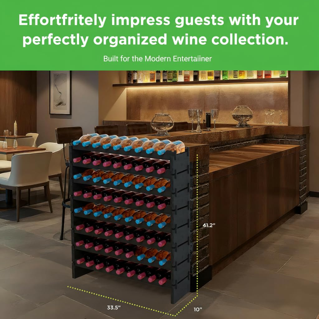 NutriChef 108 Bottle Stackable Modular Wine Rack, Upgraded 1â Thick Sideboard, .5â Rack Sticks, Sturdy Wobble Free Natural Bamboo Construction, Protective Moisture Resistant Finish, 33.5" x 10" x 63"