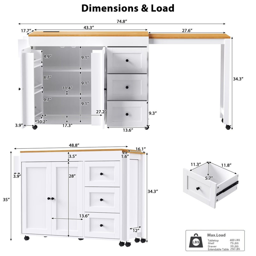 Large Kitchen Island with Extended Dining Table and Power Outlet, Rolling Kitchen Storage Cart with 3 Drawers, Kitchen Island on Wheels with Spice Rack and 2 Door Cabinet, Black