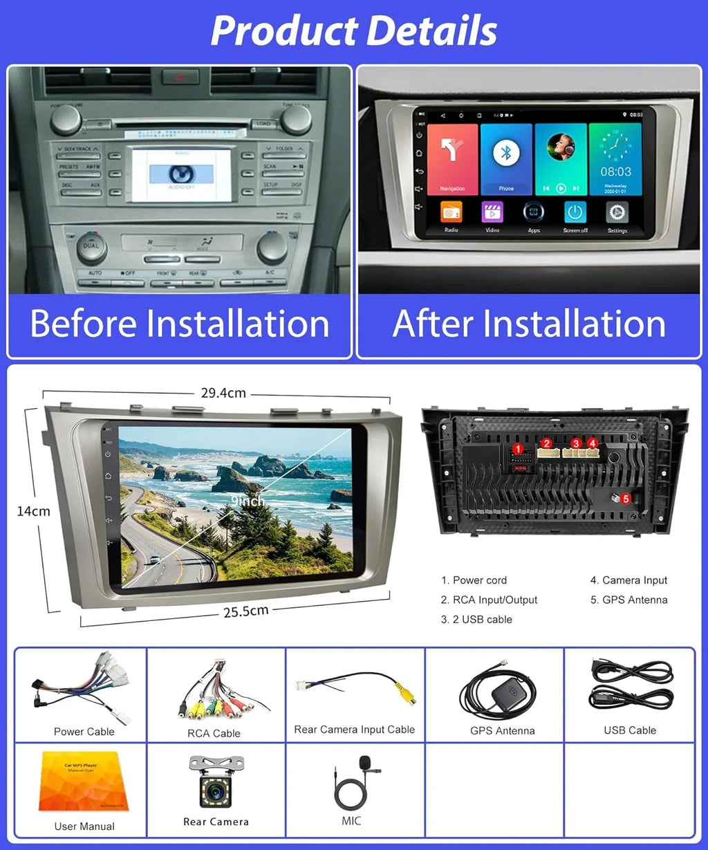Navigation + Auto USB Stereo GPS Screen Car 2006-2011, Inch THONZER for Radio 2G+32G Toyota Backup Android Carplay Touch Radio Android 9 Bluetooth Camry Car WiFi FM Camry Camera SWC