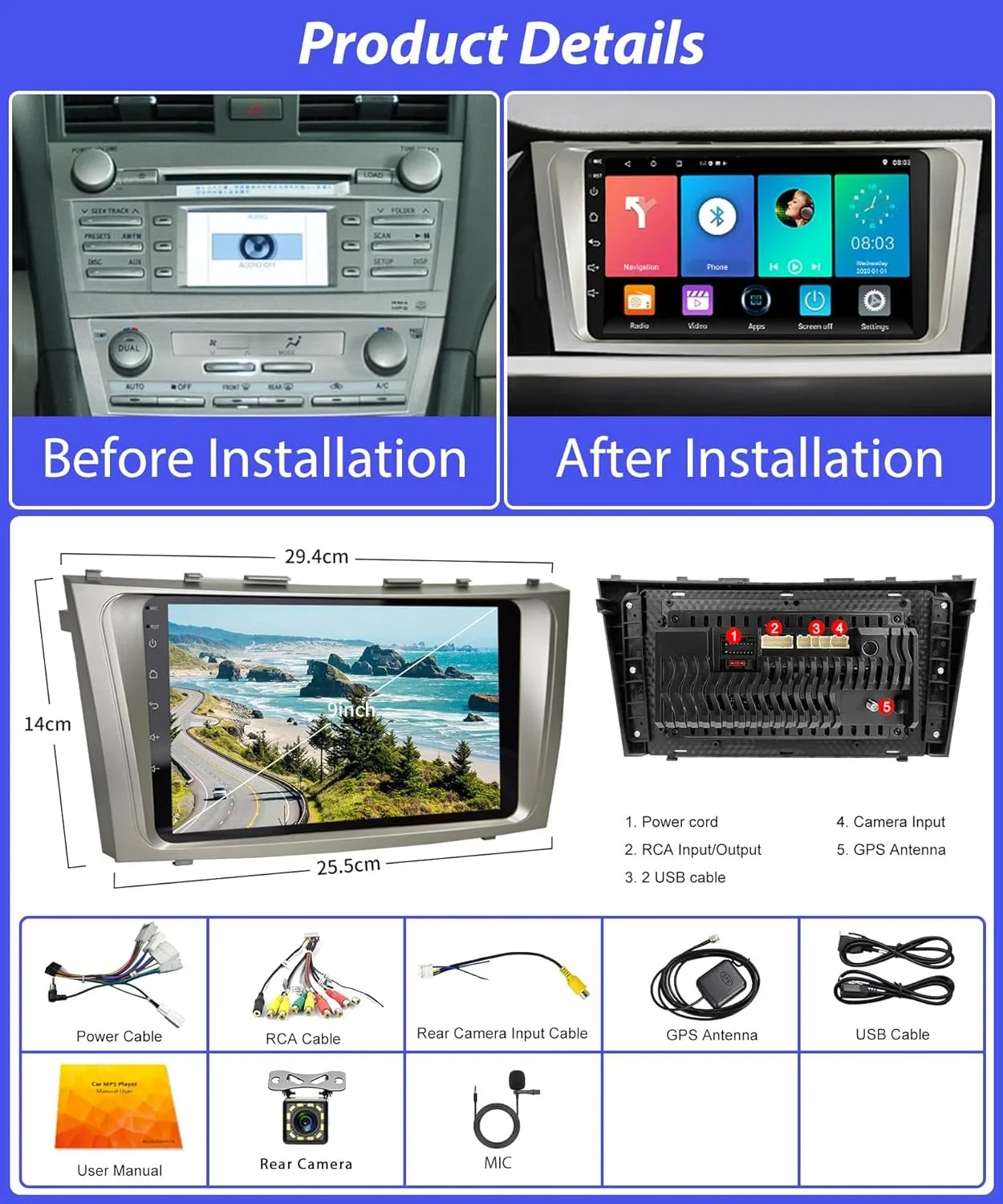 Navigation + Auto USB Stereo GPS Screen Car 2006-2011, Inch THONZER for Radio 2G+32G Toyota Backup Android Carplay Touch Radio Android 9 Bluetooth Camry Car WiFi FM Camry Camera SWC