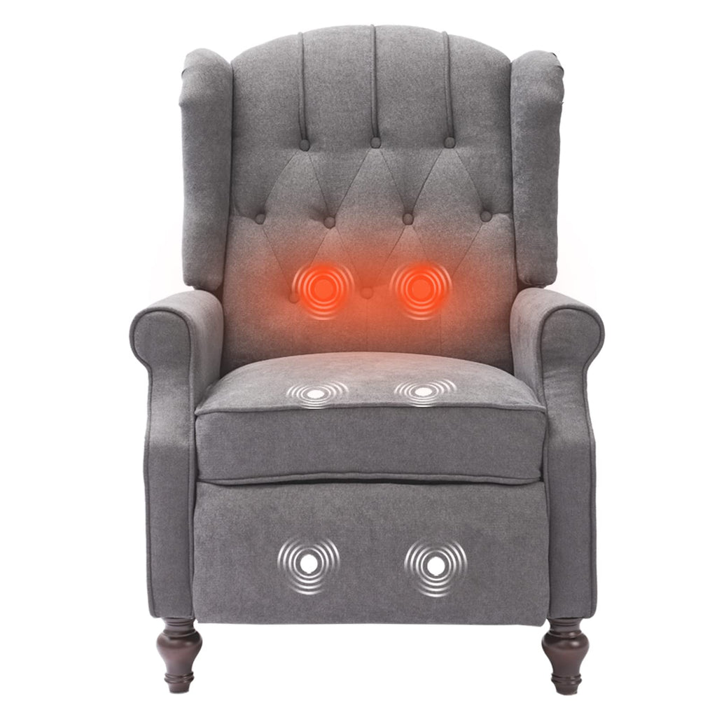 IPKIG Wingback Pushback Recliner Chair - Mid Century Recliner Armchair with Massage and Heat, Rivet Decoration, Button-Tufted Back, Solid Wood Legs for Living Room, Bedroom, Office(Beige)