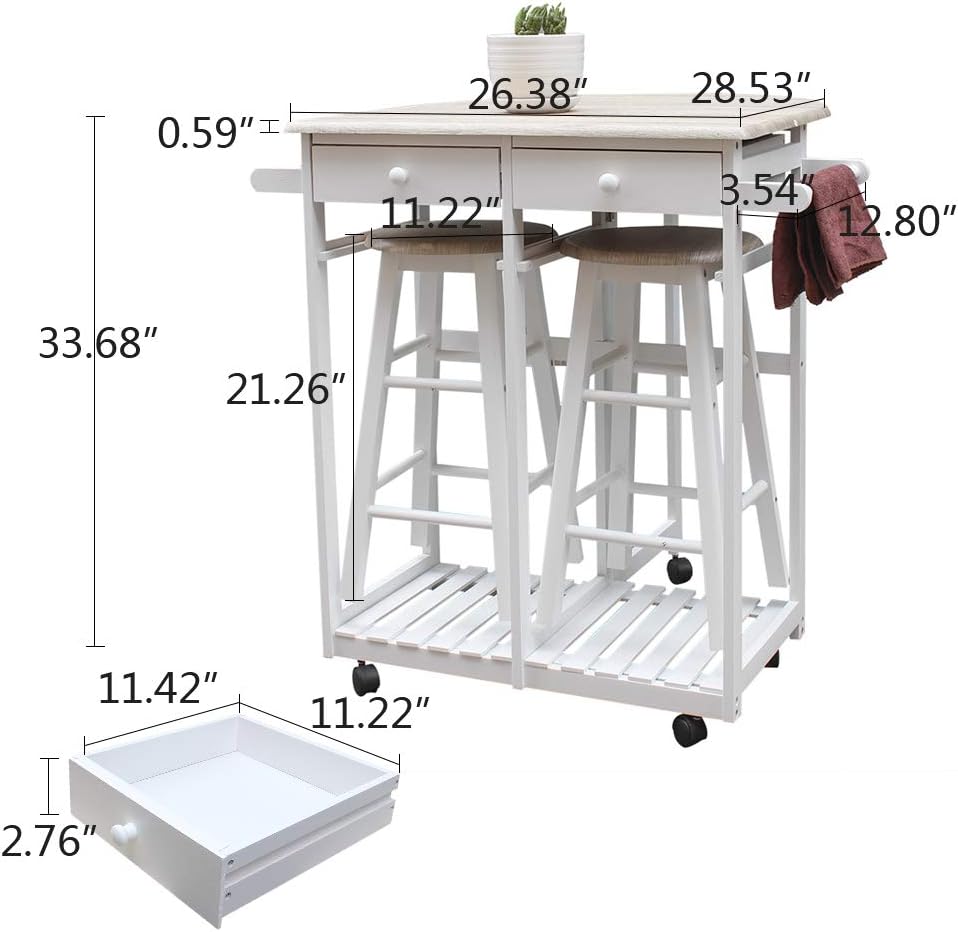 FCH Drop Leaf Dining Table with Chair Sets for Small Kitchen 3 PCS Wooden Kitchen Trolley Cart with Wheels 2 Round Bar Stools and 2 Drawers for 2 Person