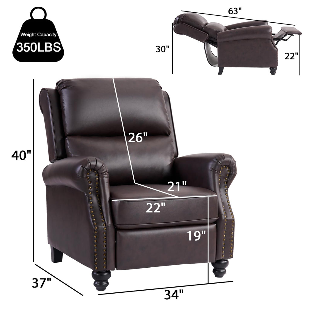 CANMOV Pushback Recliner Chair Faux Leather Armchair Push Back Recliner with Rivet Decoration Single Sofa Accent Chair for Living Room, Chocolate