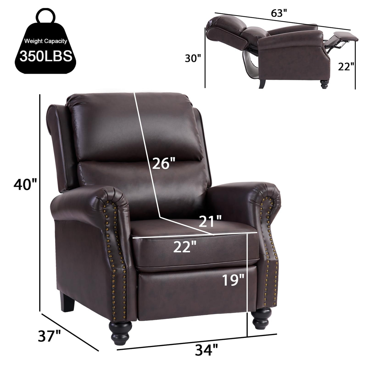 CANMOV Pushback Recliner Chair Faux Leather Armchair Push Back Recliner with Rivet Decoration Single Sofa Accent Chair for Living Room, Chocolate