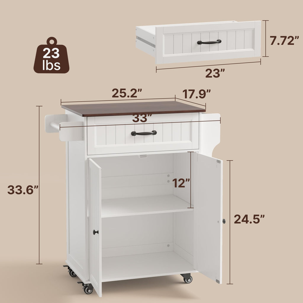 Gizoon Kitchen Island Cart with Adjustable Shelf, White, Tabletop-Oak Color
