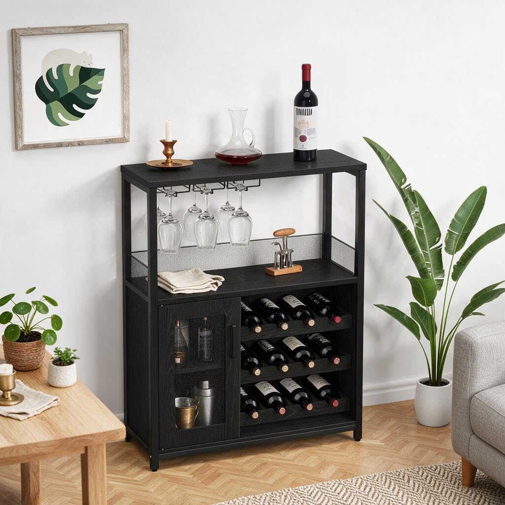 Wine Bar Cabinet, 3-Tier Detachable Wine Rack, Stemware Glass Holder, Mesh Door & Storage Shelves, Liquor Storage Buffet Sideboard for Kitchen, Dining Room, Living Room or Home Bar - Black
