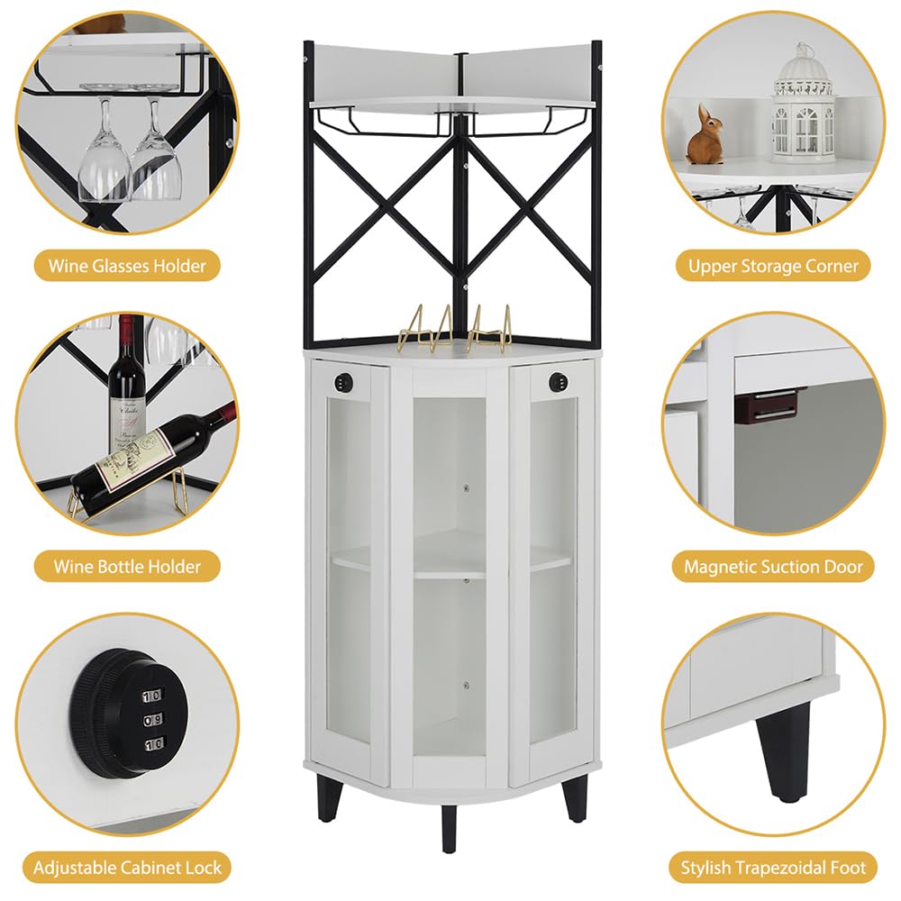 COCO DESIGN All Black Corner Wine Cabinet, Lockable Glass Door with Light