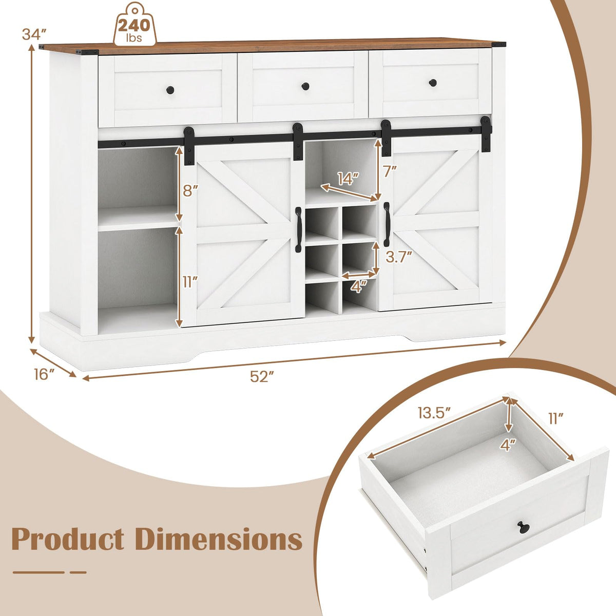 GIANTEX Wine Bar Cabinet with LED Lights, 52" Buffet Sideboard w/Sliding Barn Door, 3 Drawer, Adjustable Shelf, 12 Bottle Wine Rack & Glass Holder, Farmhouse Coffee Station for Living Room