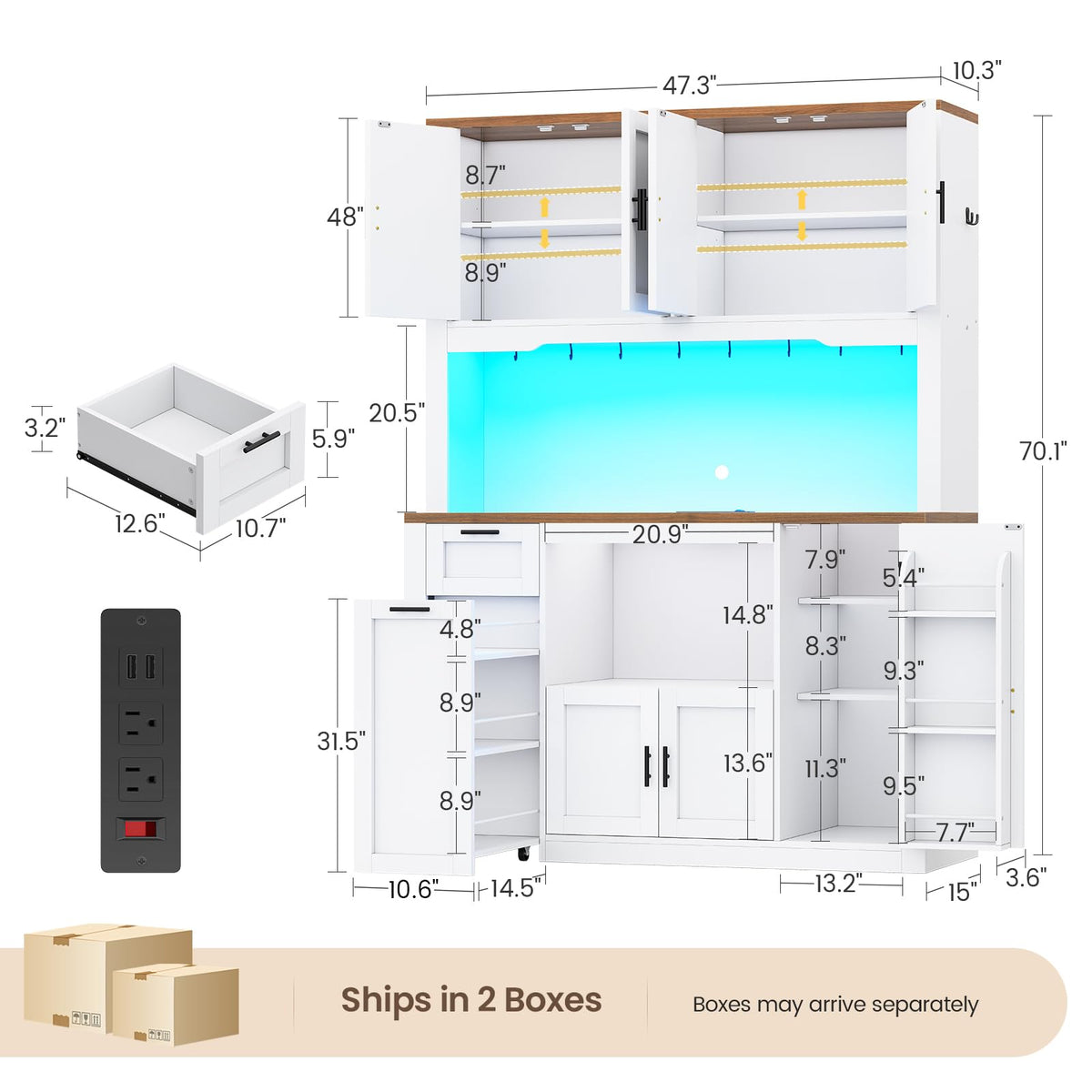 Itaar 71" Kitchen Pantry Cabinet with Charging Station and Led Light, Kitchen Storage Cabinets with Microwave Stand, 59" Wide Pantry Storage Cabinet with Storage Cart 3 Tier for Dining Room, White