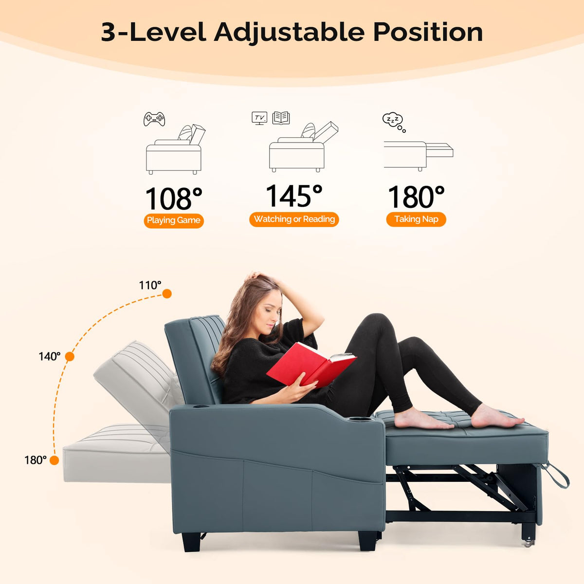 VINGLI Light Grey Futon Sofa Bed Convertible Loveseat Sleeper Couch, Faux Leather Pullout Sofa Fold Out Couch Bed with USB Ports, Cup Holders, Armrest for Living Room, Bedroom Apartment Room