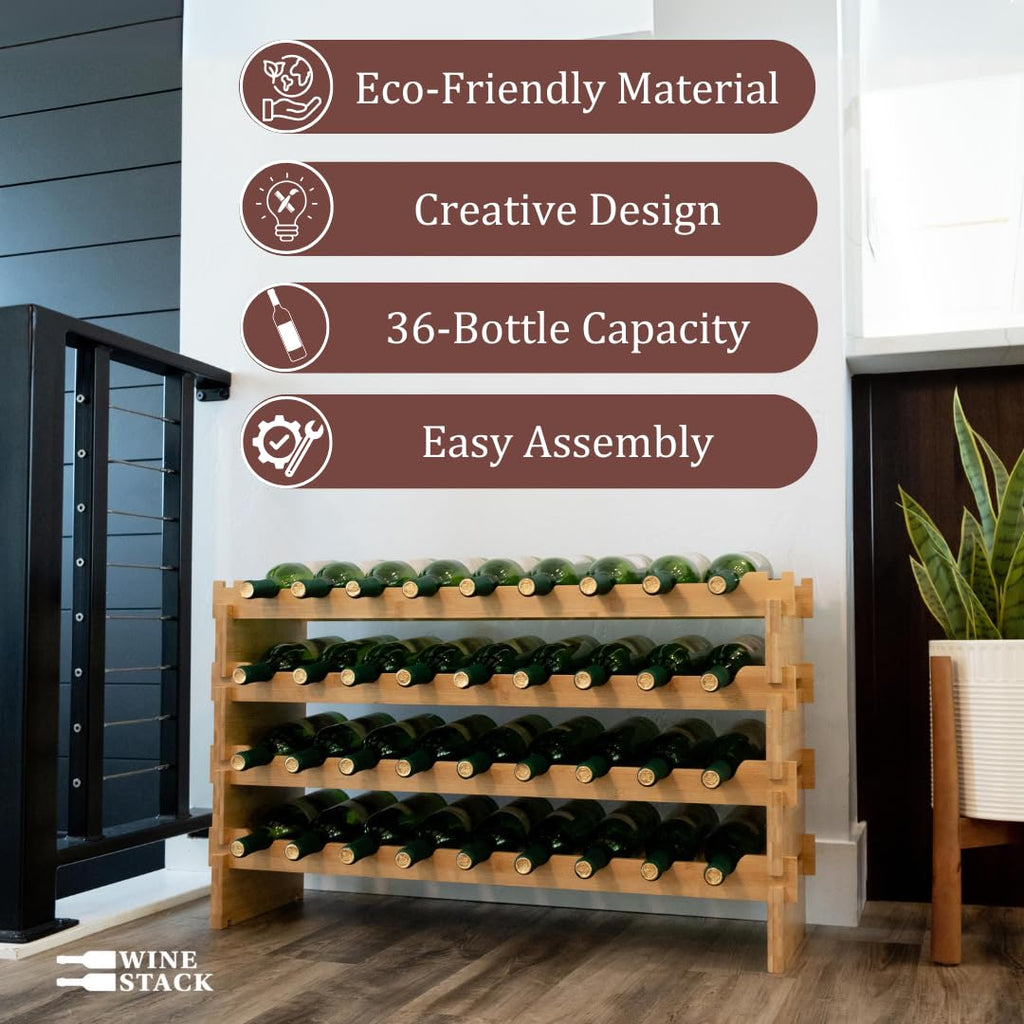 72 Bottle Bamboo Stackable Freestanding Wine Rack, No Tools Assembly, Durable, Wine and Liquor Bottle Storage for Small Spaces