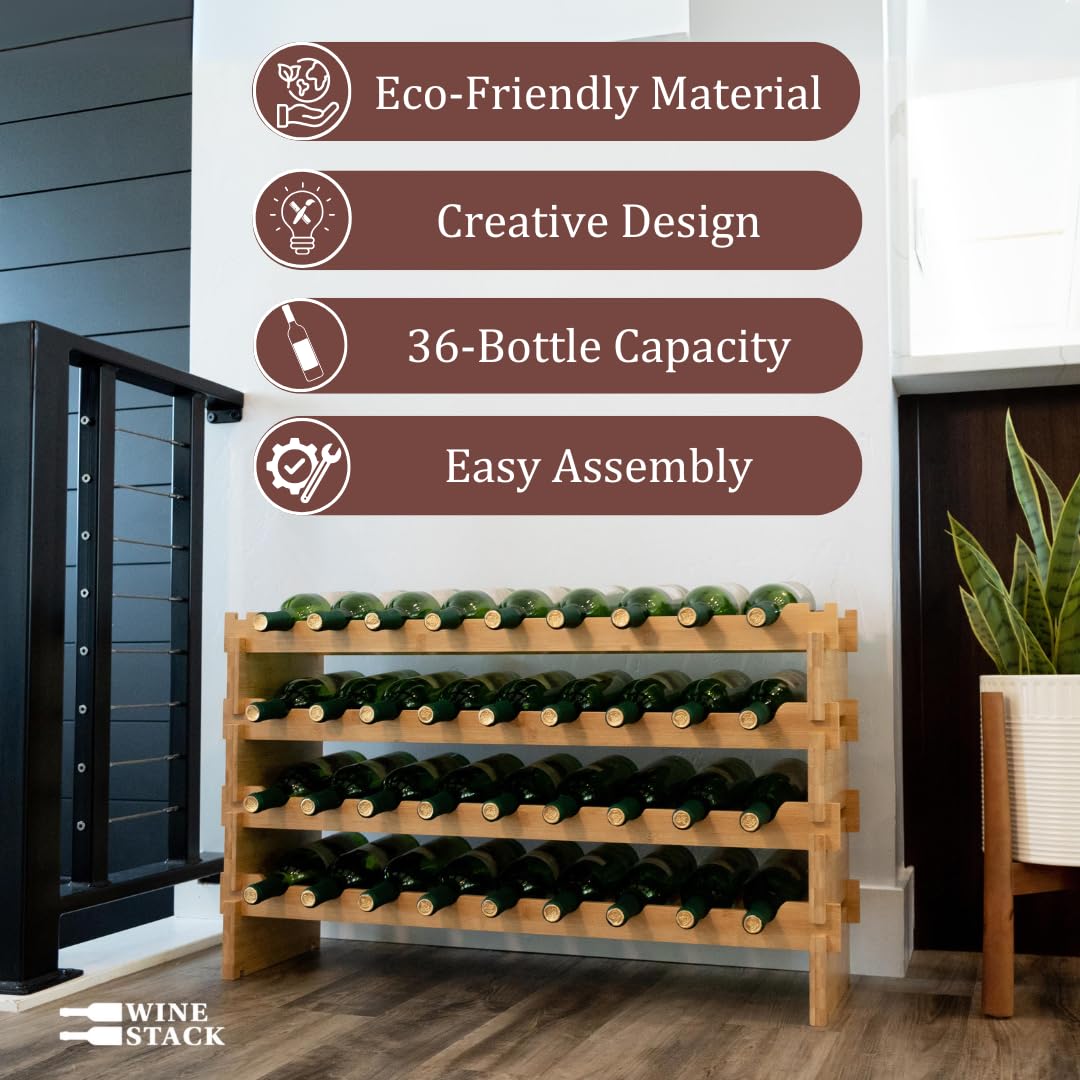72 Bottle Bamboo Stackable Freestanding Wine Rack, No Tools Assembly, Durable, Wine and Liquor Bottle Storage for Small Spaces