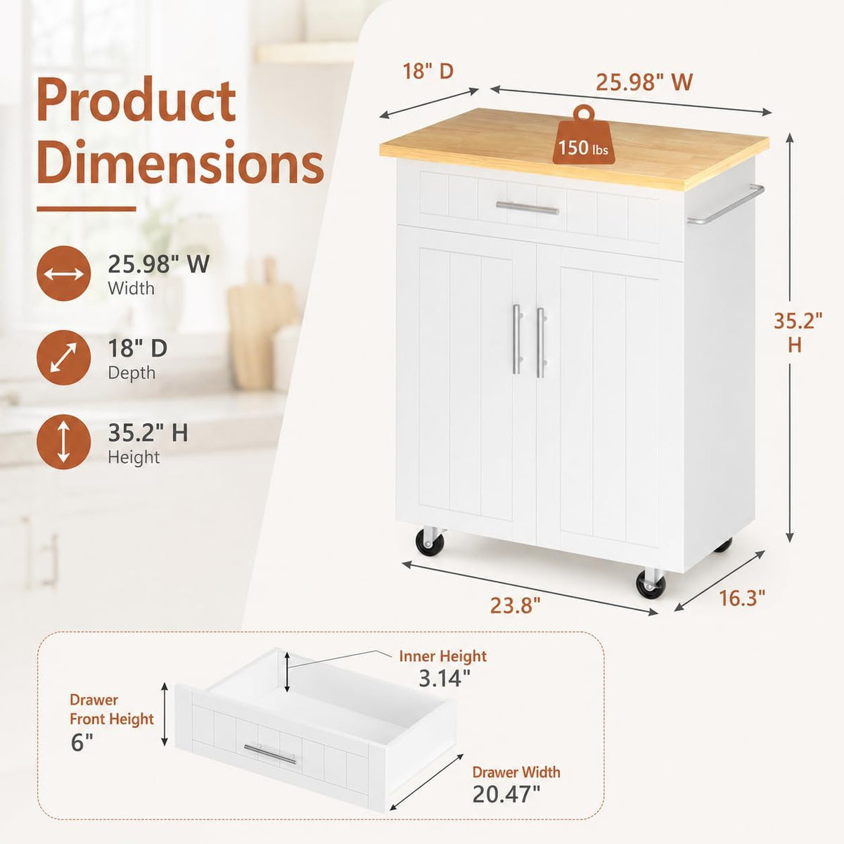 JY QAQA 26" Rolling Kitchen Island Cart on Wheels, Mobile Storage Cabinet with Adjustable Inner Shelves, Kitchen Prep Cart with Towel Rack & Lockable Casters for Small Apartment Kitchen, White