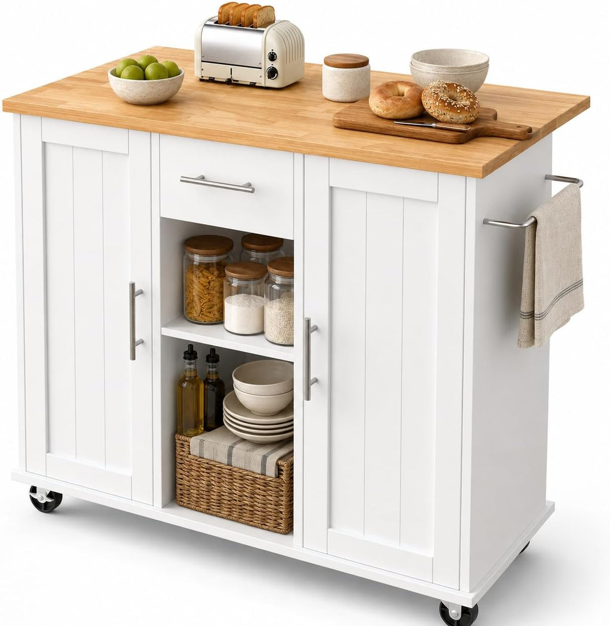 JY QAQA 42" Rolling Kitchen Island Cart with Storage, Drop Leaf Countertop, Drawers & Towel Rack, Mobile Kitchen Table on Wheels for Kitchen Dining Room, White