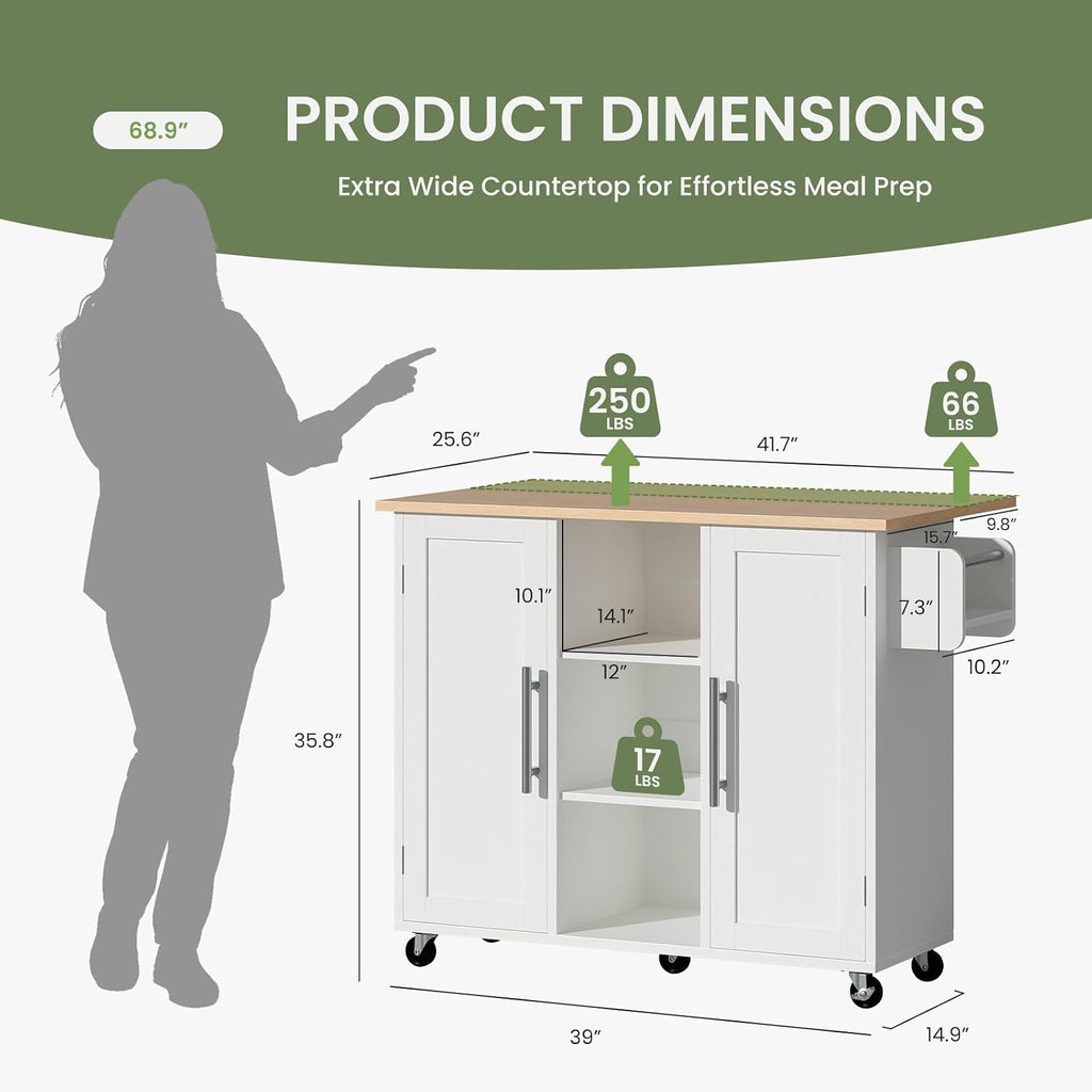 DUMOS 42in Rolling Kitchen Cart on Wheels with Drop Leaf & Storage