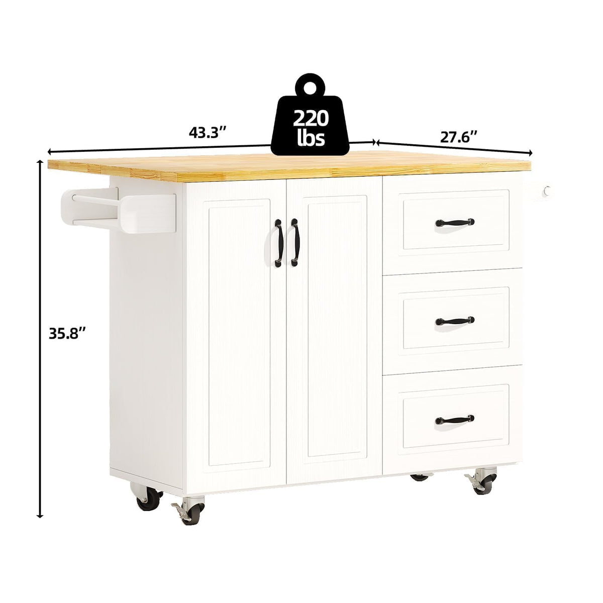43" Kitchen Island on Wheels, Rolling Kitchen Island with Drop Leaf, Black