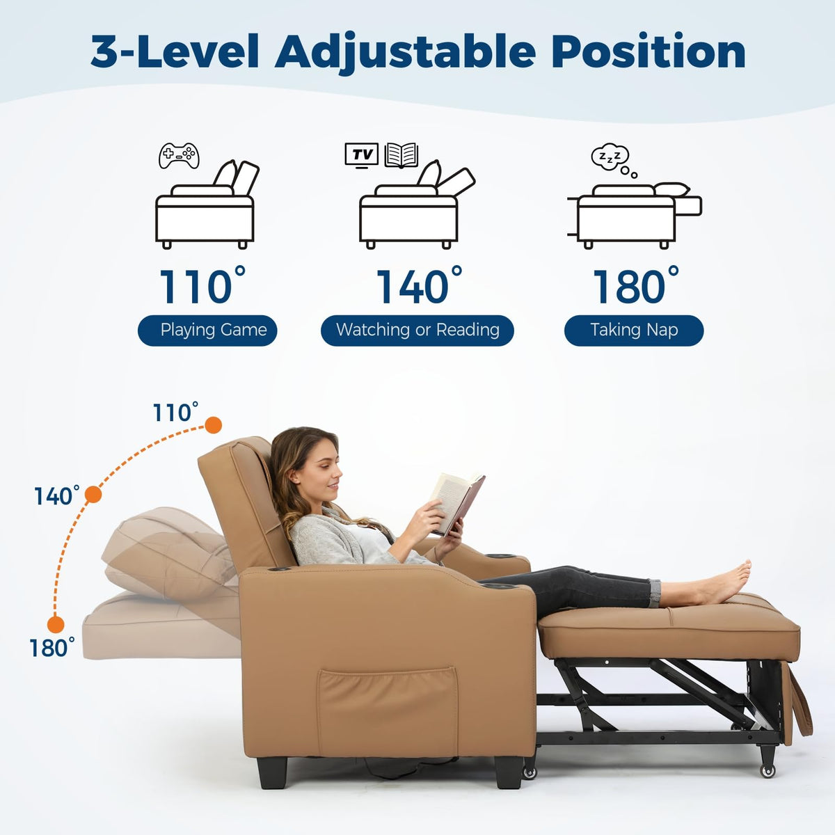 Sleeper Chair Pull Out Bed, 4 in 1 Convertible Sofa Chair Bed with Vibration Massage Lumbar Pillow, Single Sofa Recliner with USB/Type-C Port, Cup Holders and Side Pocket for Small Spaces (Black)