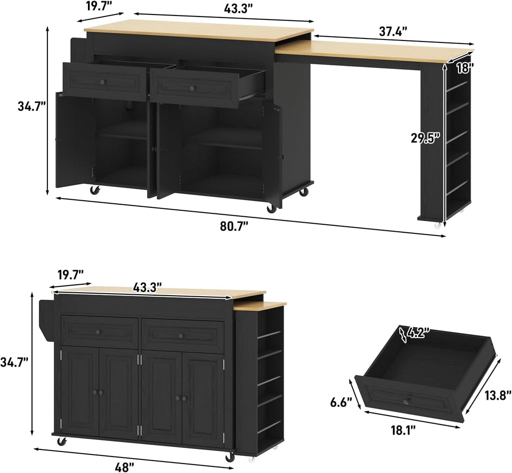 80"-48" Extendable Kitchen Island with Extended Dining Table and Power Outlet,Large Mobile Kitchen Storage Islands with 2 Storage Drawers,Rolling Islands Cart with 3 Extra Rows Open Shelves(Brown)