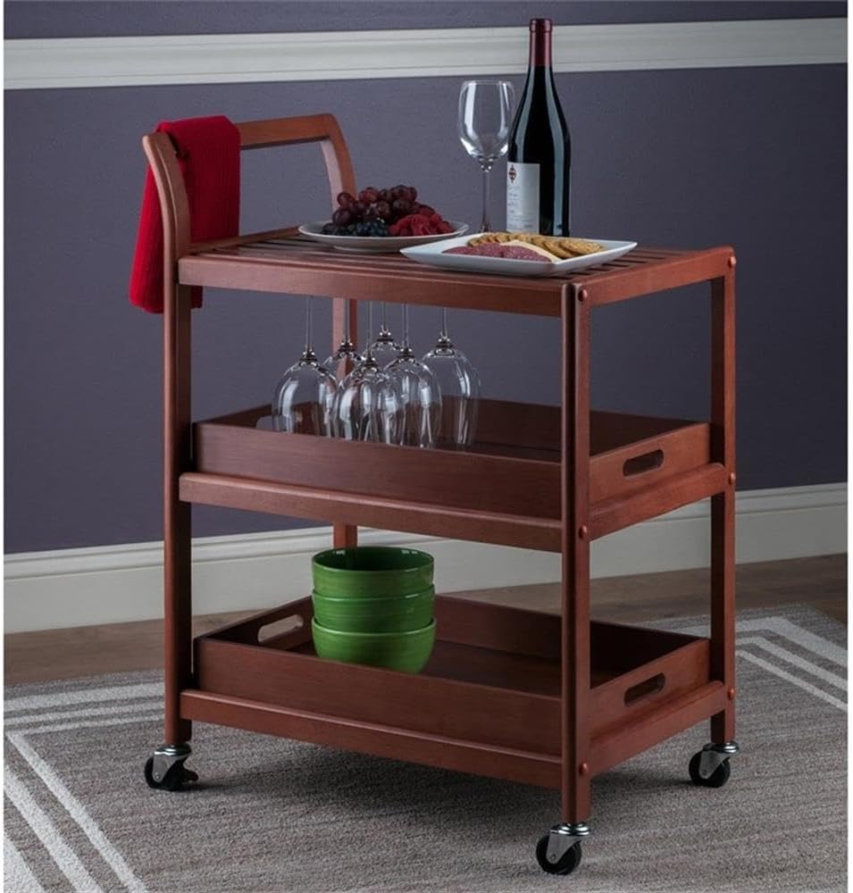 Pemberly Row Transitional Solid Wood Bar Cart, Walnut Finish, 33.27"H x 24.8"W x 15.98"D, 2 Removable Serving Trays, Slatted Shelf, Rolling Casters with Locking Wheels, Kitchen, Dining, or Patio Use