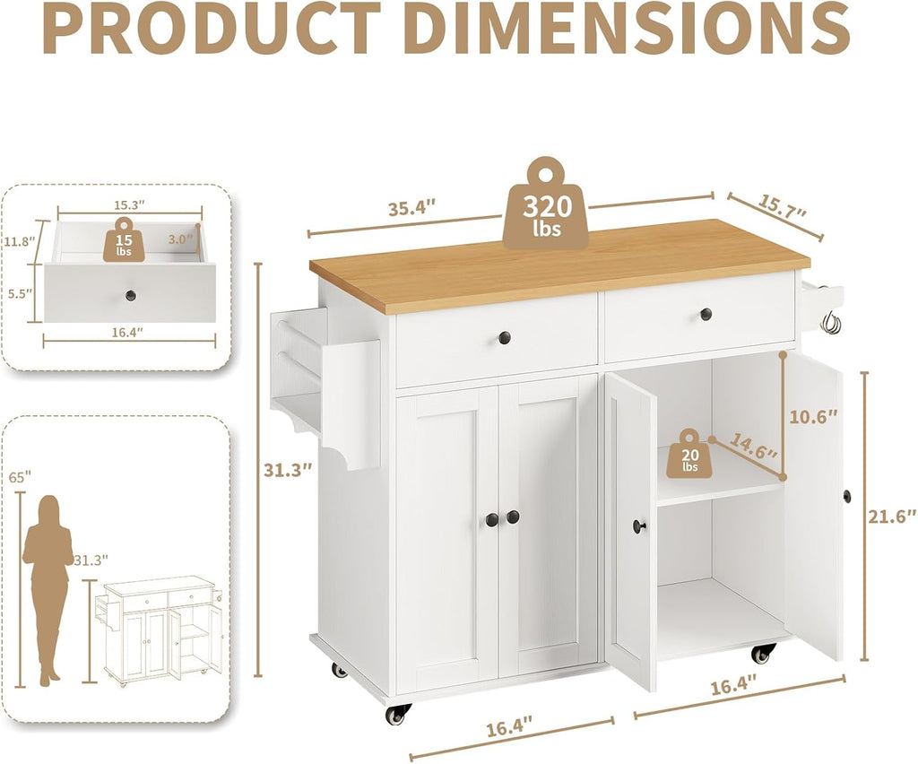 Kitchen Island with Storage, 35.4" Rolling Kitchen Island Cart on Wheels with 2 Drawers&Doors, Portable Kitchen Island Cart with Spice Rack&Towel Rack for Small Spaces Dining Room, White