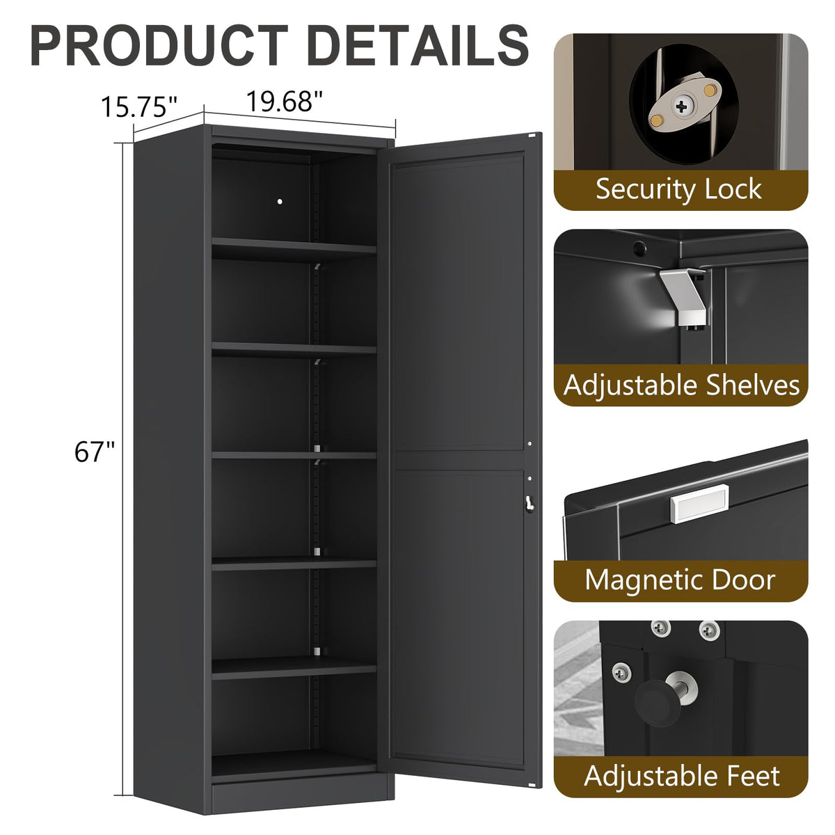 67" Tall Metal Pantry Cabinet, Narrow Freestanding Storage Cabinet, Black