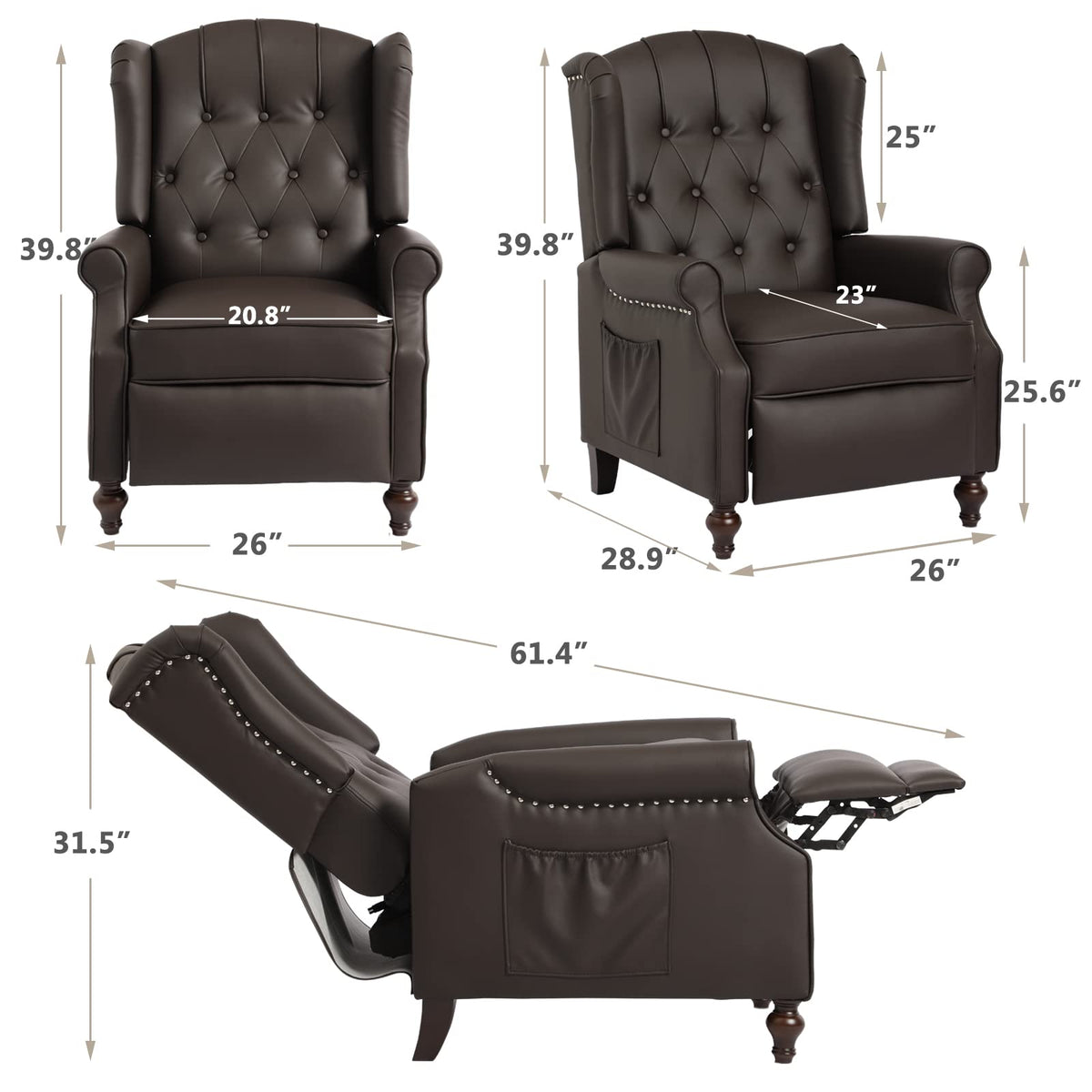 IPKIG Wingback Pushback Recliner Chair - Mid Century Recliner Armchair with Massage and Heat, Rivet Decoration, Button-Tufted Back, Solid Wood Legs for Living Room, Bedroom, Office(Beige)