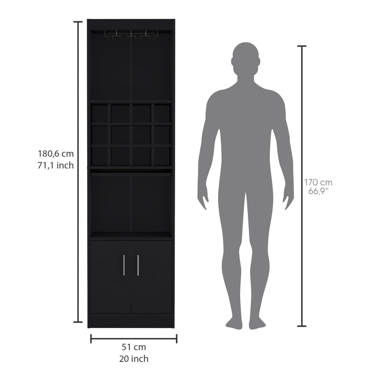 71" Modern Tall Bar Cabinet with 2 Doors Cabinet, 5-Tier Bistro Organizer with 12-Bottle Wine Rack & 12 Stemware Slots, Versatile Liquor Cabinets with Pull-Out Tray for Bar Kitchen Living Room,White