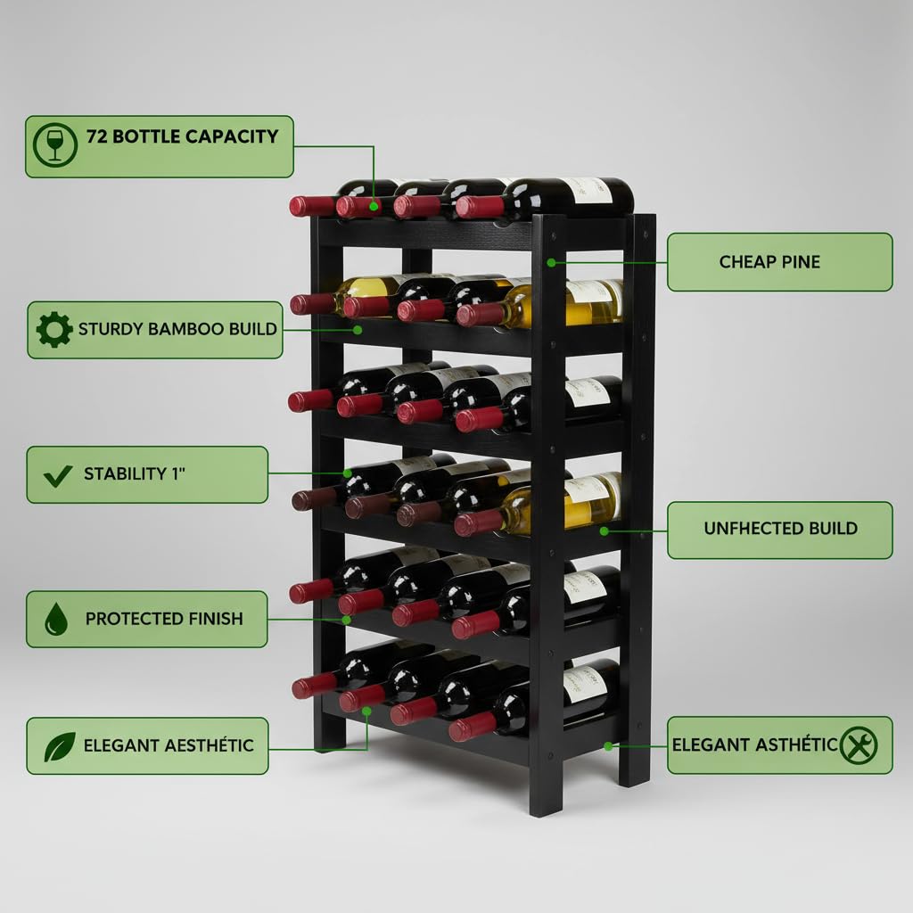 NutriChef 108 Bottle Stackable Modular Wine Rack, Upgraded 1â Thick Sideboard, .5â Rack Sticks, Sturdy Wobble Free Natural Bamboo Construction, Protective Moisture Resistant Finish, 33.5" x 10" x 63"