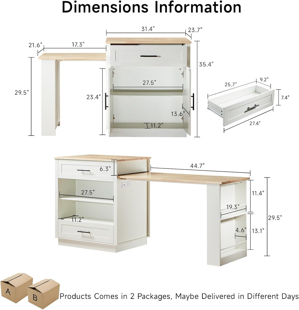 48"-76" Kitchen Islands with Extendable Dining Table, 2-4 People, White