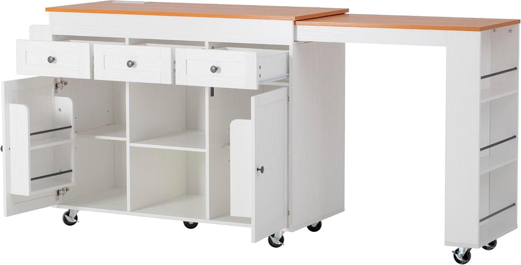 Merax 85.5" Kitchen Island with Extendable Dining Table & Universal Wheels, Storage with 3 Drawers & Open Shelves & Power Outlet, Mobile Cart for Dining Room, Small Space, Apartment, White