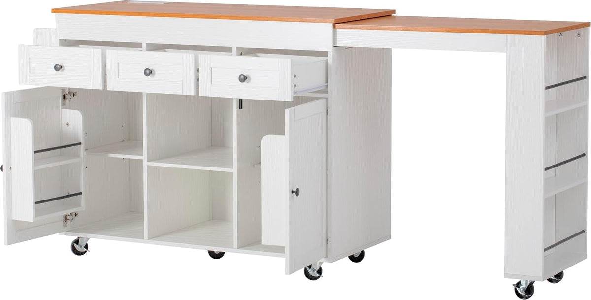 Merax 85.5" Kitchen Island with Extendable Dining Table & Universal Wheels, Storage with 3 Drawers & Open Shelves & Power Outlet, Mobile Cart for Dining Room, Small Space, Apartment, White