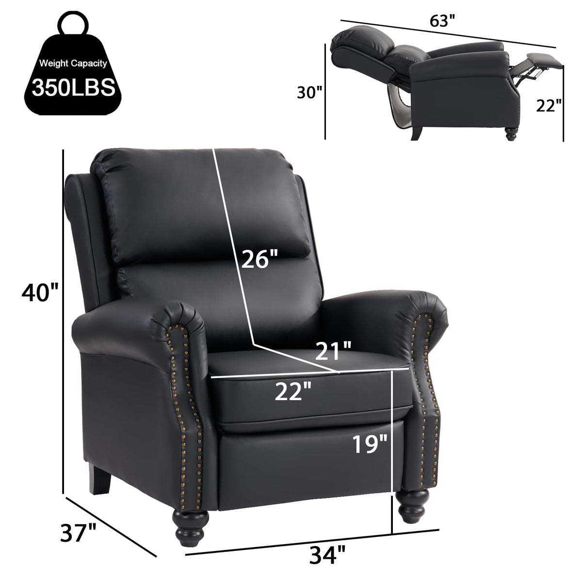 CANMOV Pushback Recliner Chair Faux Leather Armchair Push Back Recliner with Rivet Decoration Single Sofa Accent Chair for Living Room, Chocolate