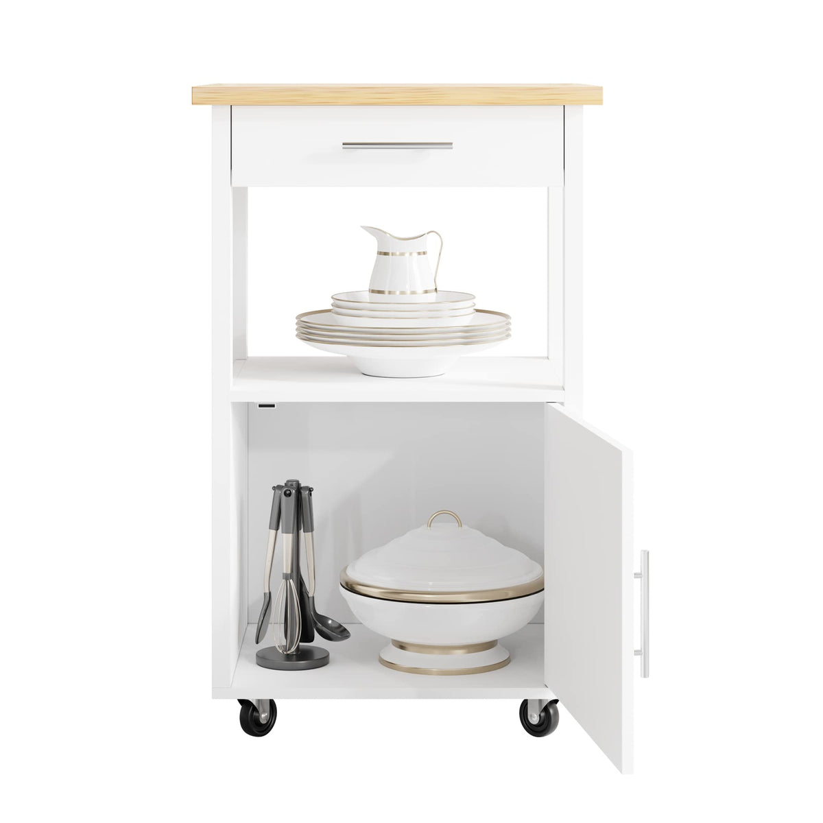 JY QAQA 26" Rolling Kitchen Island Cart on Wheels, Mobile Storage Cabinet with Adjustable Inner Shelves, Kitchen Prep Cart with Towel Rack & Lockable Casters for Small Apartment Kitchen, White