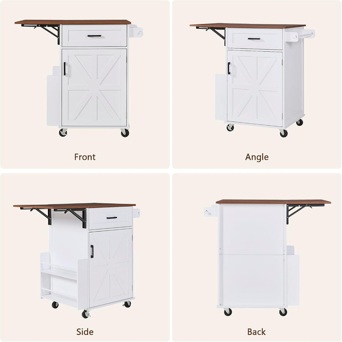 39.3"Farmhouse Kitchen Island with Open Side Rack and Drop Leaf and,Small Kitchen Rolling Cart with Drawer and Storage Cabinet, Narrow Mobile Dining Table with Lockable Wheels and Towel Rack White