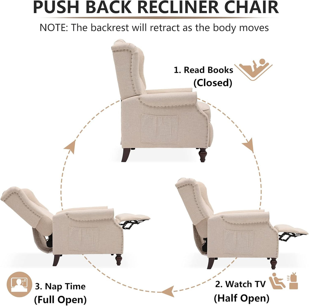 IPKIG Wingback Pushback Recliner Chair - Mid Century Recliner Armchair with Massage and Heat, Rivet Decoration, Button-Tufted Back, Solid Wood Legs for Living Room, Bedroom, Office(Beige)