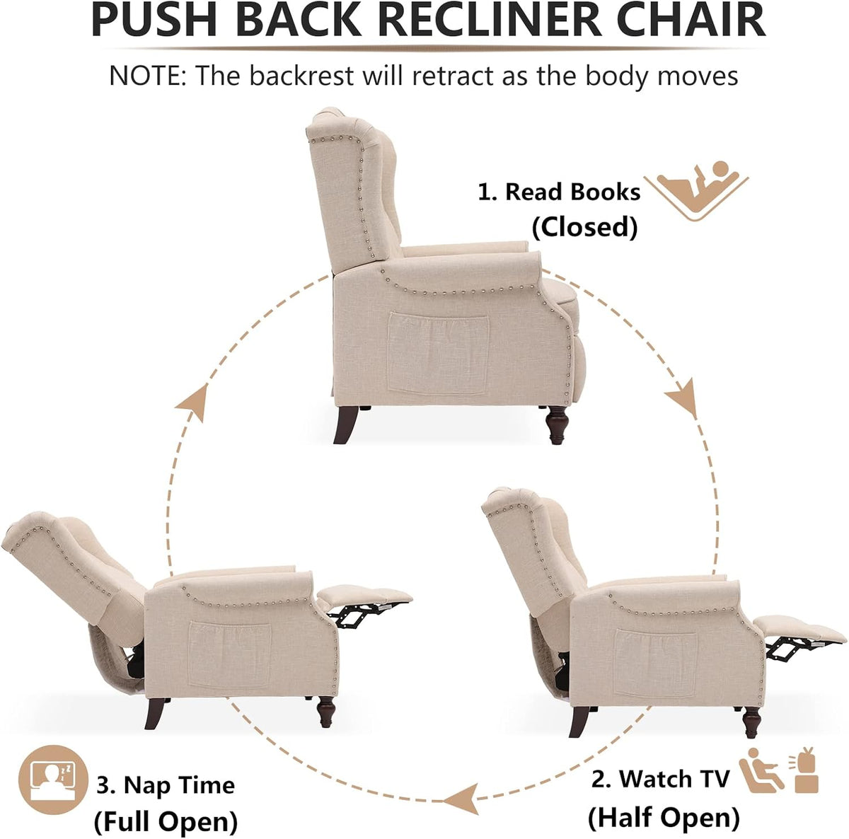 IPKIG Wingback Pushback Recliner Chair - Mid Century Recliner Armchair with Massage and Heat, Rivet Decoration, Button-Tufted Back, Solid Wood Legs for Living Room, Bedroom, Office(Beige)